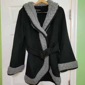 Sofia Cashmere‎ Wool Cashmere Cocoon Belted Coat Bell Sleeve Cable Knit Trim 10